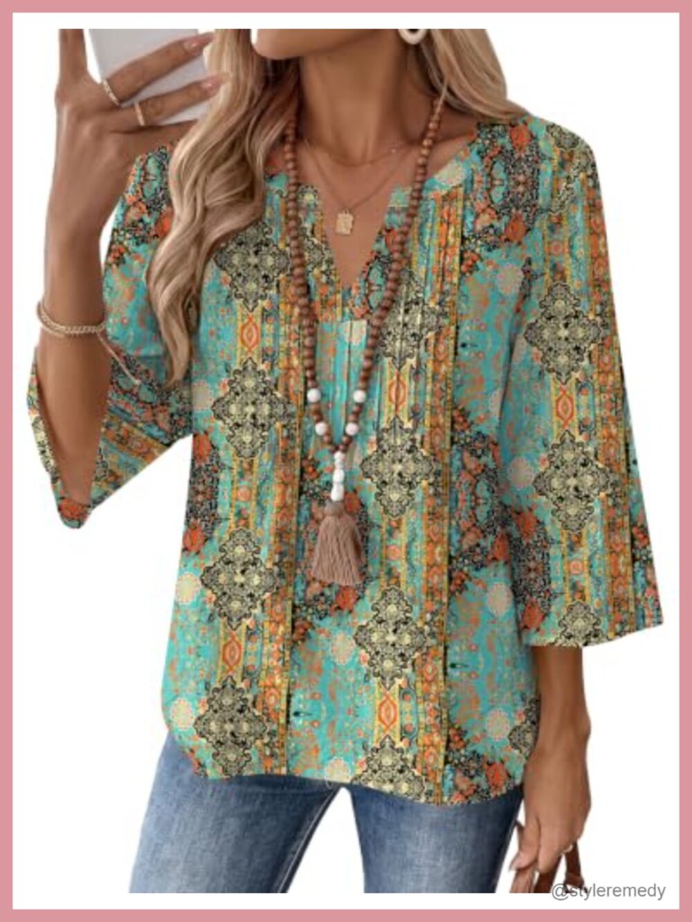 Womens Cotton Linen 3/4 Sleeve V Neck Pleated Blouse